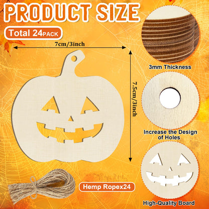 Wooden Pumpkins Ornaments to Paint Halloween Thanksgiving Decoration Cutouts Unfinished 24PCS, DIY Blank Unfinished Pumpkin Wood Discs Ornament for Home Harvest Crafts Hanging Autumn Decorations