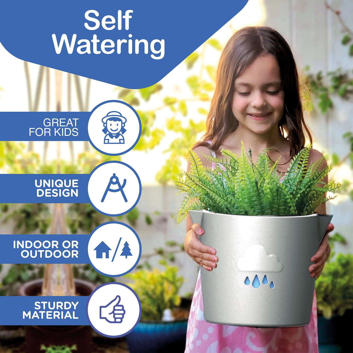 King's Gardening Clever Pot - Self Watering Pot for Indoor Outdoor Use, Animated Cloud Water Level Indicator, UV Resistant Planter, Ideal for Flowers, African Violets, and More 8" (Pearl Cloud)