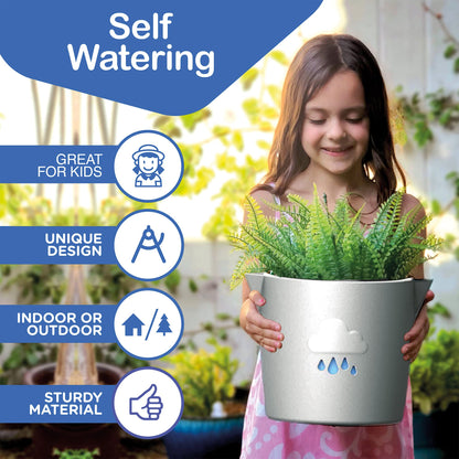 King's Gardening Clever Pot - Self Watering Pot for Indoor Outdoor Use, Animated Cloud Water Level Indicator, UV Resistant Planter, Ideal for Flowers, African Violets, and More 8" (Pearl Cloud)
