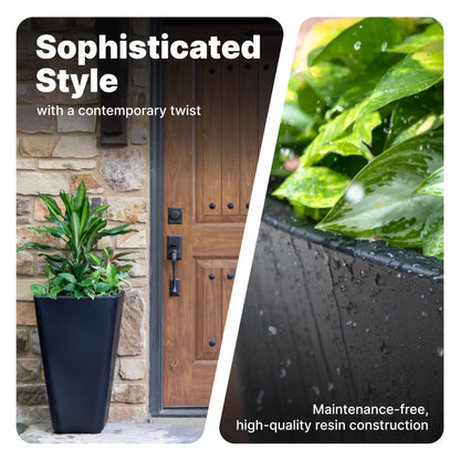 Step2 Bridgeview Tall Square Planter, Large Planters for Outdoor Plants, Gardening and Flower Pot for Patio or Porch, Efficient Drainage, Durable Plastic, Onyx Black, 2-Pack