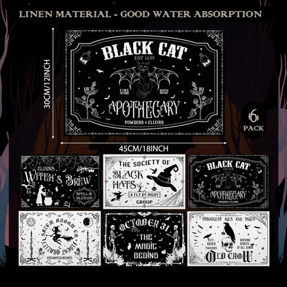 Umigy 6 Pcs Halloween Placemats 12"x18" Gothic Bat Placemats Kitchen Decoration Washable Witch Place Mats Rectangle Skull Table Mats for Halloween Dining Table Accessories(Black White Character Style)