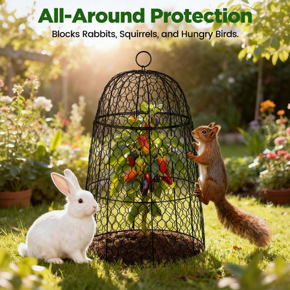 12 Pack XL Metal Garden Cloches for Plants, 17" Height Rustproof Chicken Wire Cloches for Seedlings, Vegetables & Flowers, Plant Protectors from Animals Includes 12 Humidity Domes & 48 Stakes - Black