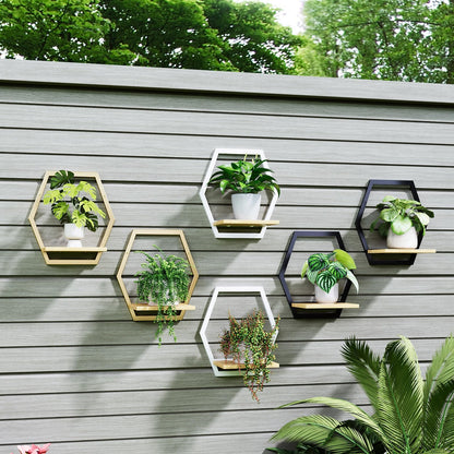 Rioneta 3 Pack Natural Wood & 25 LB Load Metal Wall Plant Holders, 9 inch Solid Wooden Shelf, Mid Century Hanging Planter for Indoor Plants Golden