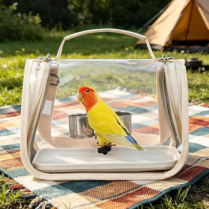 Ventilated Bird Carrier, Travel Backpack with Perch Stand, 36cm Pet Transport Bag with Breathable Mesh Panels, Aviary Carrier with Clear Window Design, Bird Travel Bag for Camping Hiking Trips