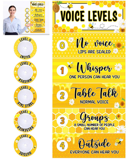 5 Pcs School Push Light and Voice Level Poster Voice Level Chart Monitor Rules Sign LED Tap Light Classroom Rules Poster Noise Chart Classroom Management Tools for Teachers Back to School（Bee Style）
