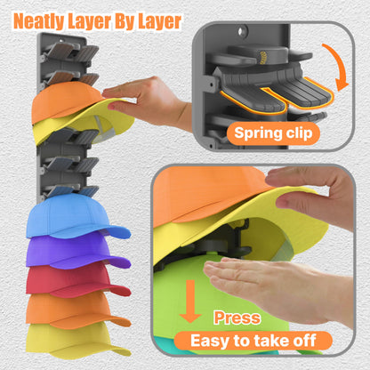 BRUBEQO Hat Organizer for Baseball Caps 2 Packs with Built-in Spring Clips - Wall Mount Closet Hat Rack Holder,Storage for Door/Closet Display Hat Racks Hanger (Strong Adhesive & Screws) Matte Black.