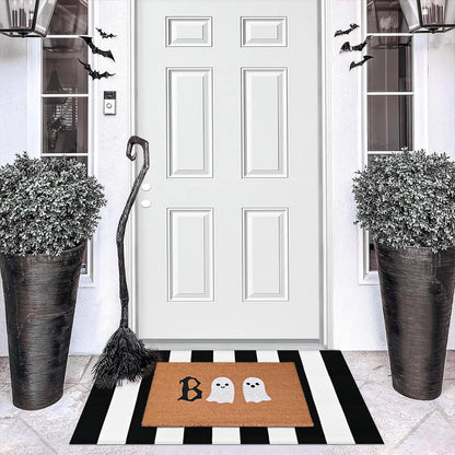 Halloween Door Mat Combo Set, Boo Ghost Coco Coir Welcome Doormat + 28" x 43" Black and White Plaid Rug, Autumn Halloween Front Porch Entryway Decor Floor Mat