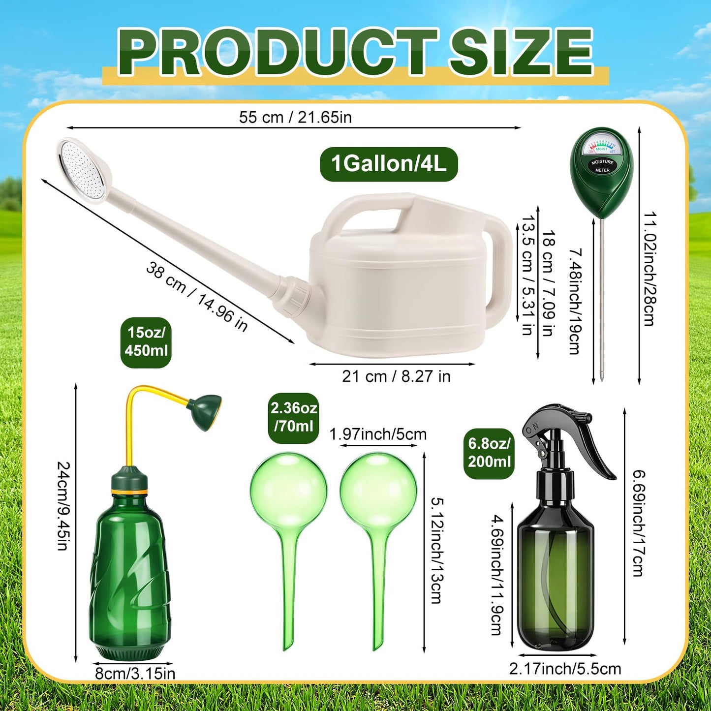 Reallnaive 6-piece Indoor Watering Can Set – 1 Gal Can, 6.8 oz Spray, 15 oz Squeeze, Plant Watering Globes & Soil Moisture Meter, Indoor & Outdoor Plant Care(White)