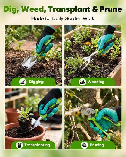 Garden Tool Set Gardening Tools - Heavy Duty Aluminum Tool Kit with Non-Slip Handle, Gardening Gloves and Tool Bag for Weeding, Planting and Pruning, Gifts for Women Mom (Green Set)
