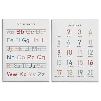 HRQKO Alphabet Numbers Nursery Canvas Wall Art Set of 2, Kids Room Decor Framed Art, ABC Numbers Educational Posters Wall Decor for Classroom Toddler Kids Nursery Bedroom Playroom, 11x14 inch