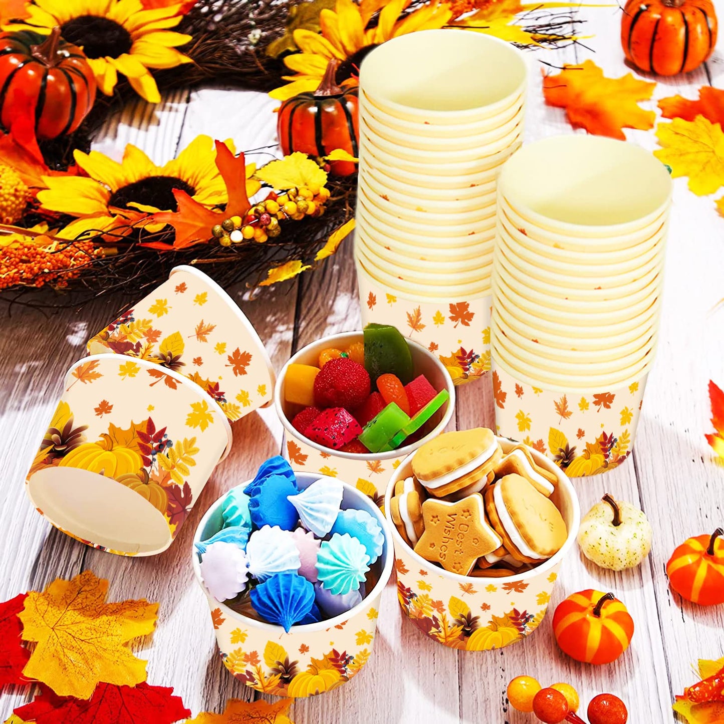 gisgfim 50Pcs Thanksgiving Snack Bowls, Fall Disposable 9 oz Paper Treat Cups Autumn Themed Dessert Bowls Soup Cups for Hot or Cold Food Party Supplies