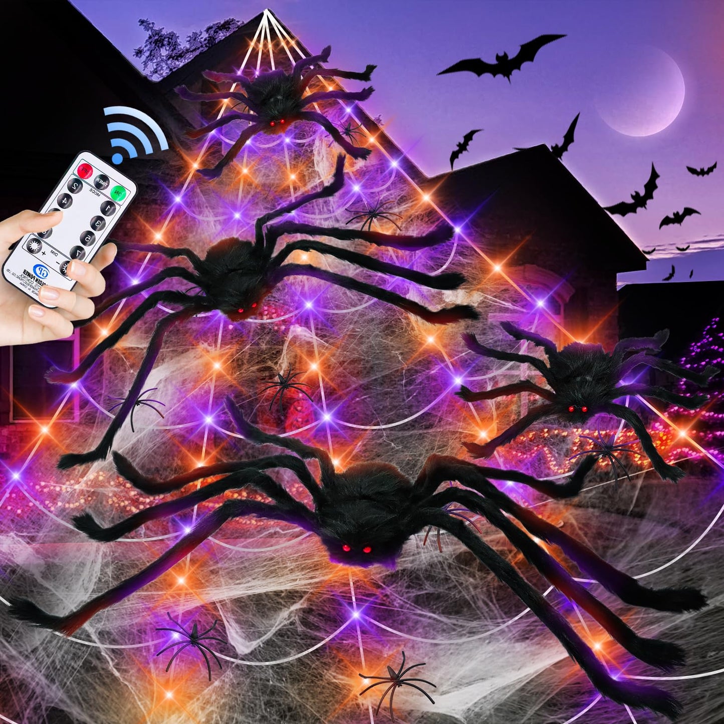 Kenburg 23Ft Light Up Spider Web Halloween Decorations Outdoor, 180 Orange and Purple LED Giant Web, 24 Spiders & 60g Stretch Cobweb Decor, 8 Modes Scary Lights for Outdoor Yard