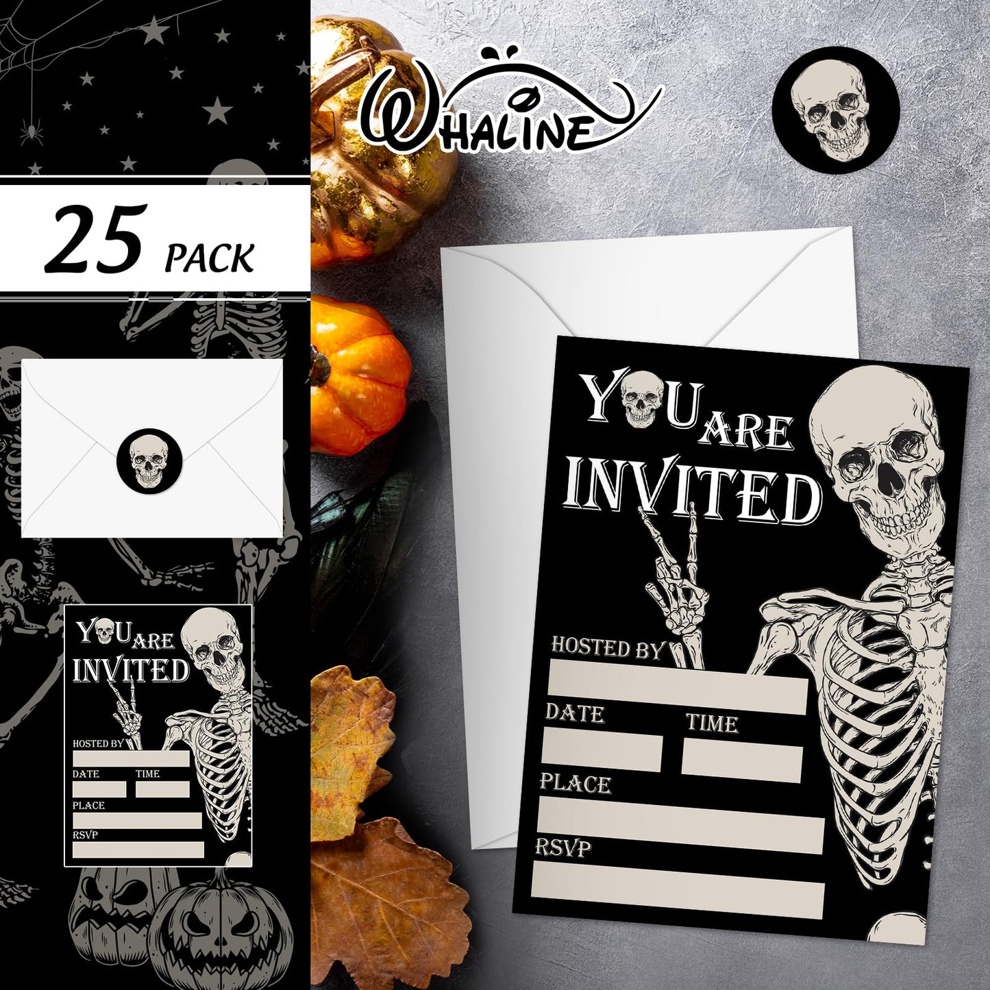 Whaline 25 Sets Halloween Invitations with Envelopes Stickers Black Dancing Skeleton Invitation Cards Blank Invites for Birthday Party Supplies, 5 x 7 Inch
