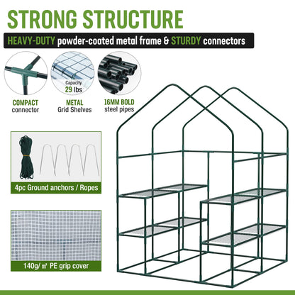WORKPRO Greenhouse, 56” x 56” x 77” Heavy Duty Walk in Greenhouses for Outdoors with Screen Windows, Thicken PE Cover, 3 Tier 8 Shelves Portable Green House Kit for Patio, Backyard and Porch