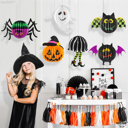 KatchOn, Hanging Halloween Decorations - Pack of 6 | Hanging Halloween Honeycombs for Halloween Ceiling Decorations | Halloween Hanging Bats, Pumpkin, Spider for Scary Halloween Decorations Indoor
