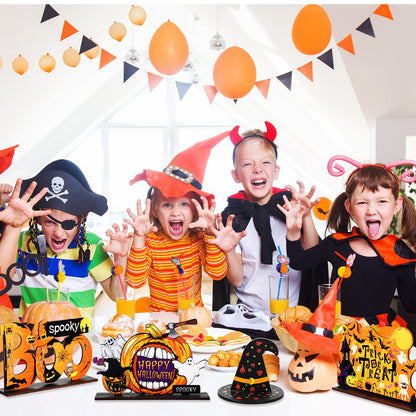 Jetec 6 Pcs Halloween Office Decorations Table Centerpiece with 5 ft Pumpkin String Light, Boo Spooky Trick or Treat Pumpkin Witch Hat Wood Table Signs for Happy Halloween Tier Tray Home Decoration