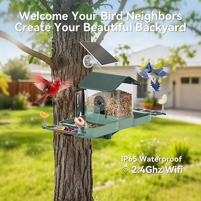 Dual-Lens Bird Feeder with Camera & Bird Bath Combo, Watch Birds Eat & Bathe with WiFi 2K HD Video, Auto Record, AI Recognition, APP Alerts, Solar Powered, for Backyard Garden Porch Fence Decor