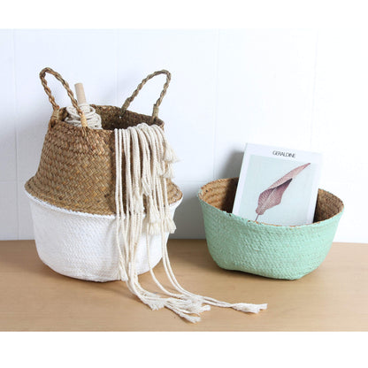 BlueMake Woven Seagrass Belly Basket for Storage, Laundry, Picnic, Plant Pot Cover, and Grocery and toy storage (Small, Black)