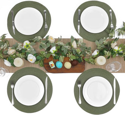 SHACOS Round Placemats Set of 8 Washable 15 inch Round Table Mats Cotton Polyester Woven Braided Place Mats for Dining Table Wedding Party Decor (Olive Green, 8)