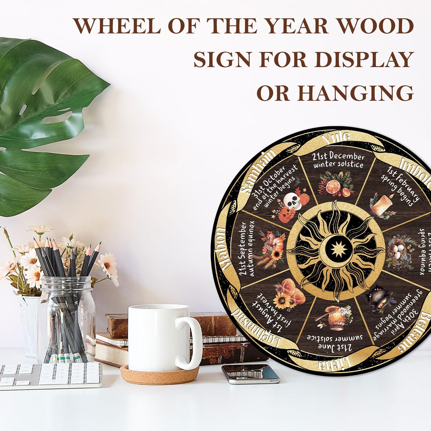 Wheel of The Year Wood Sign, 12" Wheel Year Wall Hanging, Sabbats Pagan Witch Sign, Witchcraft supplies, Wicca Calendar, Wiccan Holiday, Yule Altar, Celestial Sign, Christmas Thanksgiving Decor