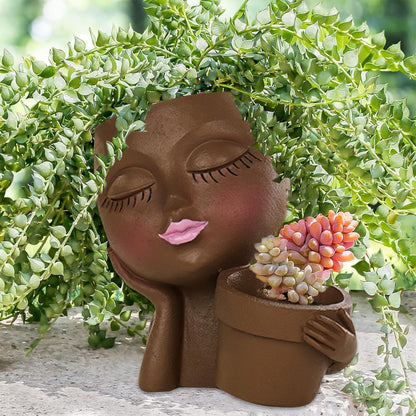 IUYYPU Face Planter for Succulents, Resin Lady Head Pot with 2 Planting Pockets and Drainage Holes, Approx. 6.3 x 4.3 x 6.7 in, Openings 3.2 in & 2.4 in, Brown