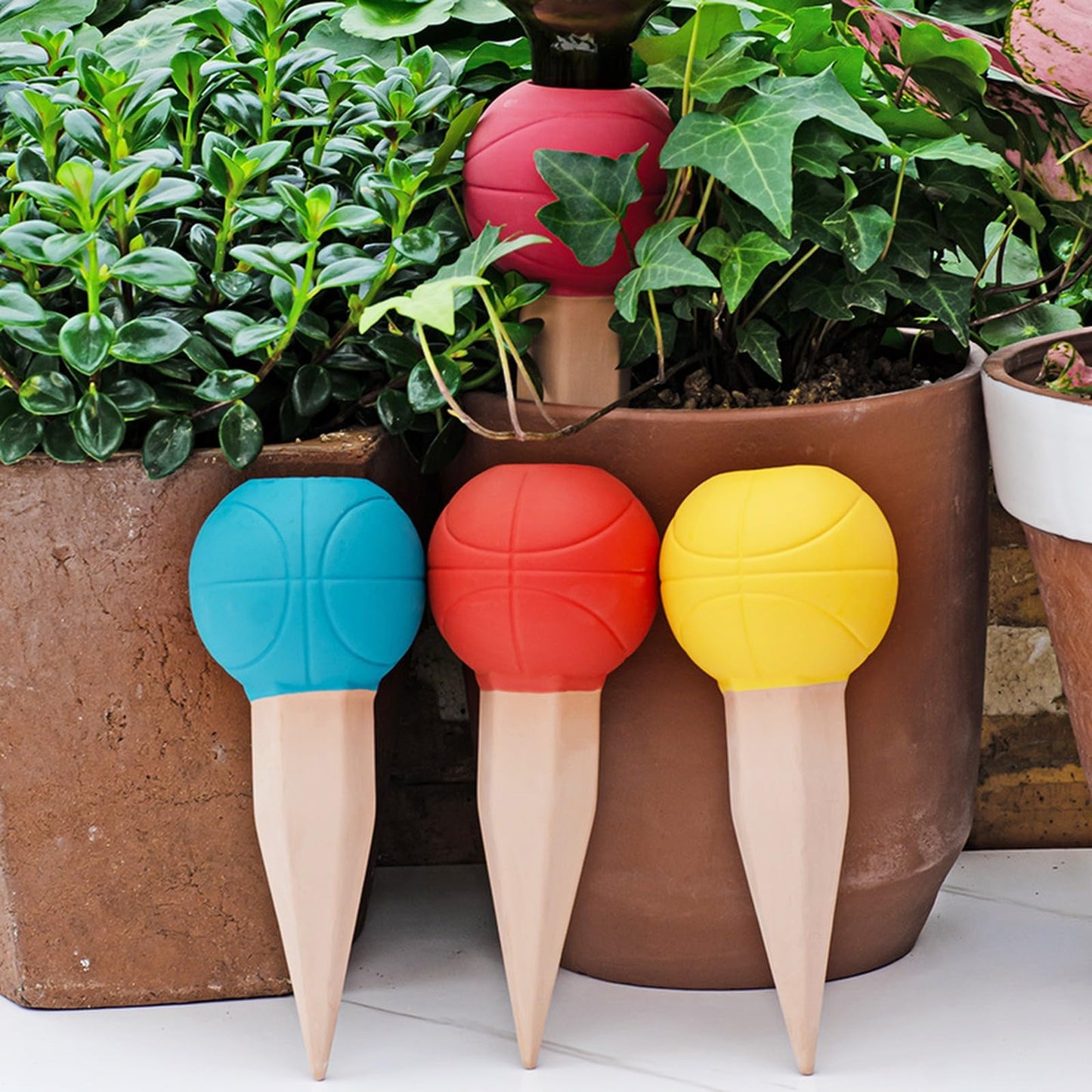 4 Pack Terracotta Watering Spikes, Vacation Self-Watering Planters Devices - Continuous Moisture with Slow Release Watering System - Perfect for Indoor Outdoor Plants (Basketball)