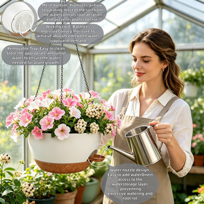 zople 2 Pack 12 Inch Self Watering Hanging Planters for Indoor Plants, Large White Brown Plastic Hanging Pots with Chains for Outdoor Patio Garden Home Decor White Brown