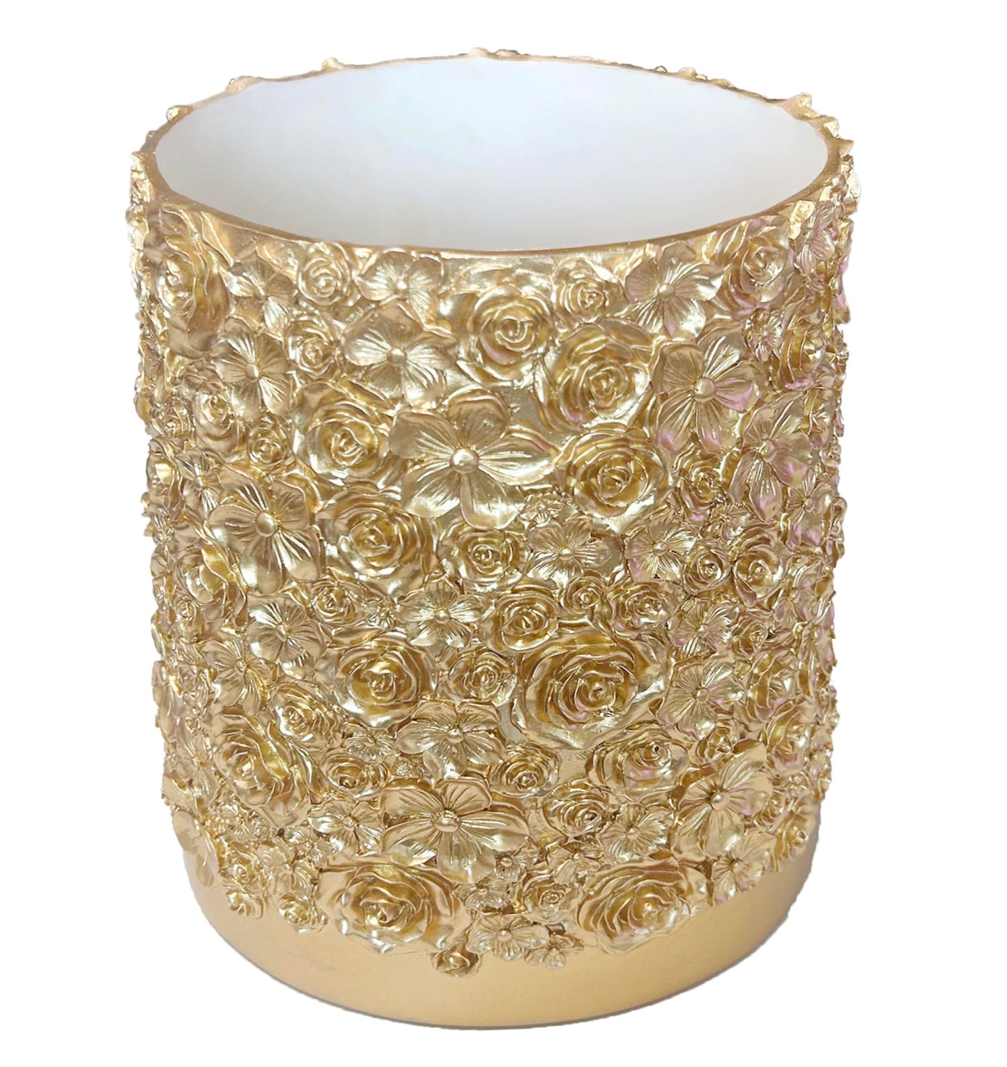Huitony Decorative Glod Trash Can Elegant Resin Carved Waste Basket 8"x10" Trash Bin Decor Rose Floral Garbage Can for Office Bathroom,Bedroom,Livingroom 8L/2.2Gallon(Gold)