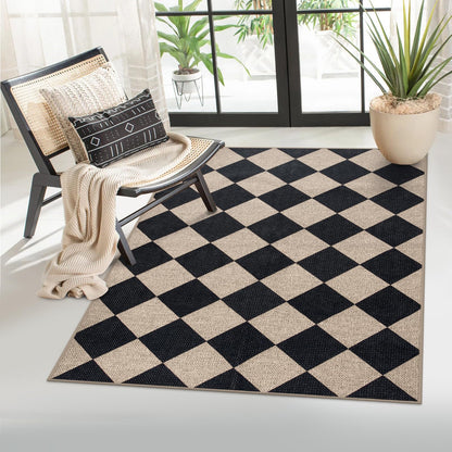 Lahome Checkered Easy Jute 3x5 Entryway Front Porch Rug, Black Diamond Indoor Outdoor Patio Layering Rug, Washable Farmhouse Neutral Non Slip Non Shedding Door Carpet for Backyard Blacony