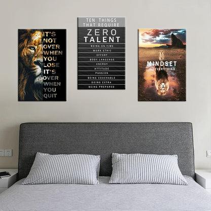 Lion Motivational Wall Decor Inspirational Quotes Wall Art Canvas Zero Talent Poster Print 3 Panel Animal Picture Artwork for Living Room Bedroom Office Home Decor Framed Ready to Hang [48''Wx 24''H]