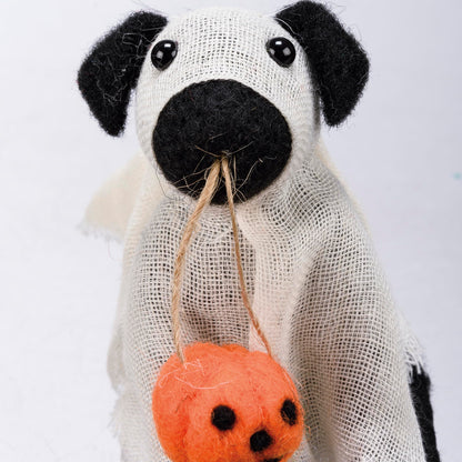 Primitives by Kathy Halloween Collectible Felt Critter, 4-inch, Ghost Dog Holding a Jack-o-Lantern - Spooky Tiered Tray & Shelf, tablescape Decor, Mix & Match with Our Other Collectible Figurines