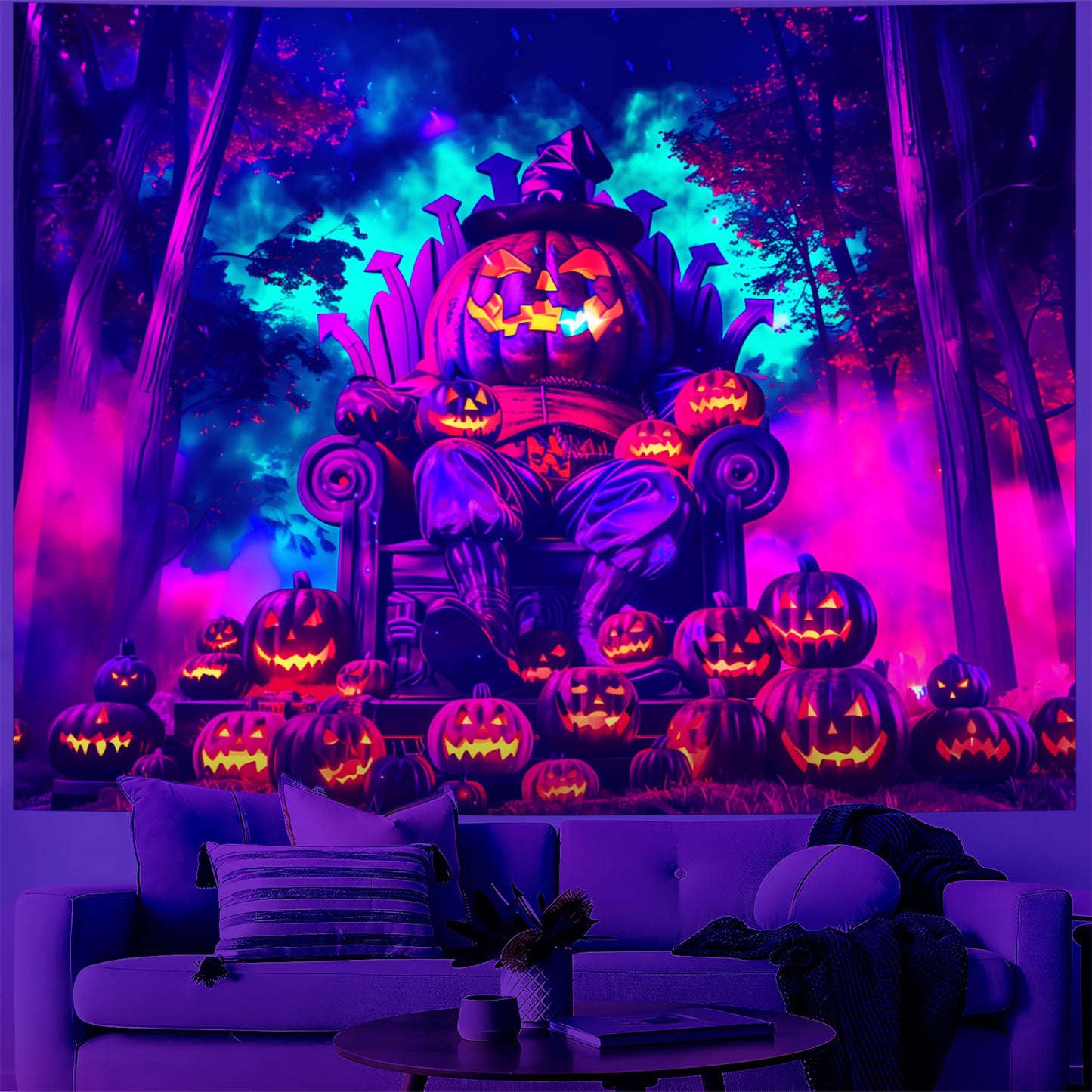 Blacklight Halloween Tapestry Horror Moon Night Scary Cemetery Pumpkin Lantern Halloween Tapestry Wall Hanging Skull Horror Poster Banners for Bedroom Livingroom (Pumpkin-2, 90L" x 70W", Unframed)