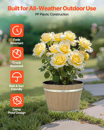 VEVOR Plant Pots, 4 Pack 11.81 inch Whiskey Barrel Planters with Drainage Holes, Large Outside Plastic Decoration Flower Pot Imitation Wine Barrel Design for Indoor Outdoor Garden Home Plants, Brown