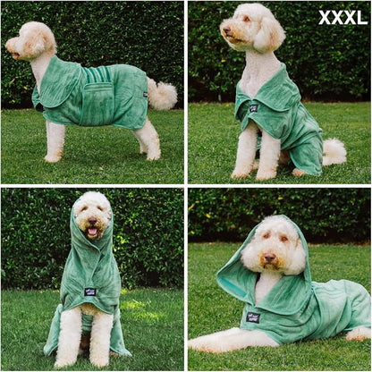 Tuff Pupper Fast Drying Dog Bath Robe | 800 GSM Plush Dog Towel Bathrobe/Dressing Gown | Super Absorbent Pet/Puppy Bathrobe | Adjustable Hood & Belly Strap | Super Soft | Fast Drying (XXXL, Green)