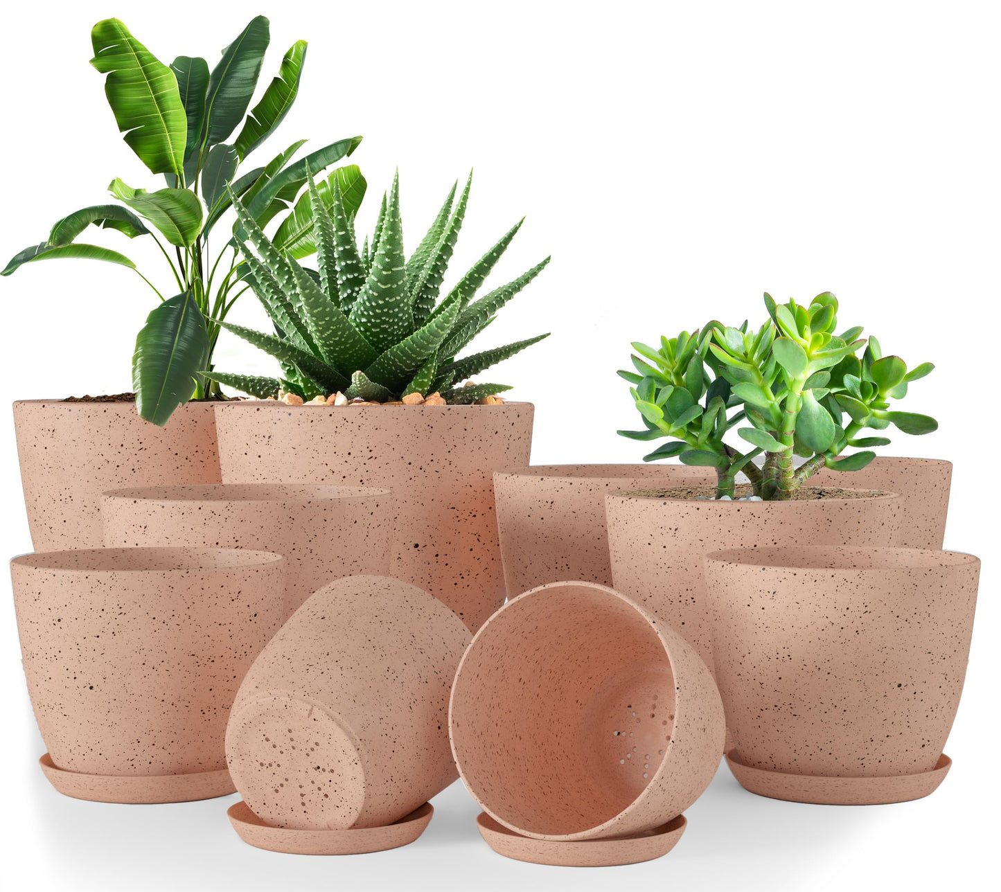 Utopia Home - Spotty Plant Pots Indoor with Drainage - 7/6.6/6/5.3/4.8 Inches Flower Pots - 10 Pack Plastic Planters - Ideal for Stocking Stuffers - (Speckled Peach Pink, Pack of 10)