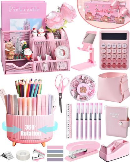 LXEVIHK 21Pcs Pink Desk Organizers and Accessories With Mesh Desk Organizer and 360°Rotating Pen Holder and a Lot of Office Pink Office Supplies Beautifully Presented in a Gift Box