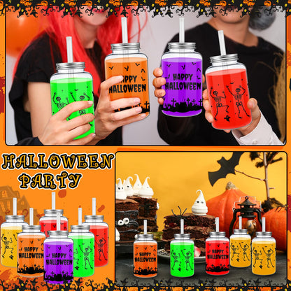 Yetene 20 Pack Halloween Skeleton Cups Reusable Skull Cup Gifts 16 oz Printed Cemetery Cup with Lids Straws Halloween Happy Plastic Tumbler Clear Drinking Jars for Party Favor Birthday Celebration