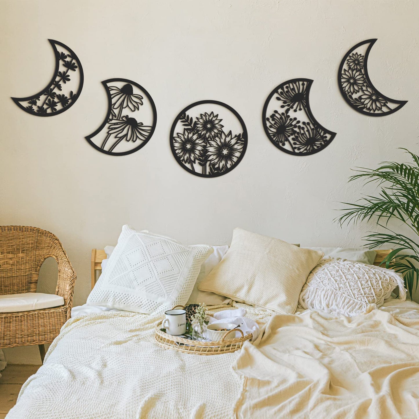 Jetec 5 Pcs Moon Phase Wall Art Decor Wall Pediments Hanging Wooden Phase Spiritual Bedroom Nordic Boho Lunar Aesthetic Art for Living Room Dorm Apartment Ornament (Black)