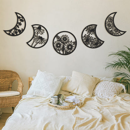 Jetec 5 Pcs Moon Phase Wall Art Decor Wall Pediments Hanging Wooden Phase Spiritual Bedroom Nordic Boho Lunar Aesthetic Art for Living Room Dorm Apartment Ornament (Black)