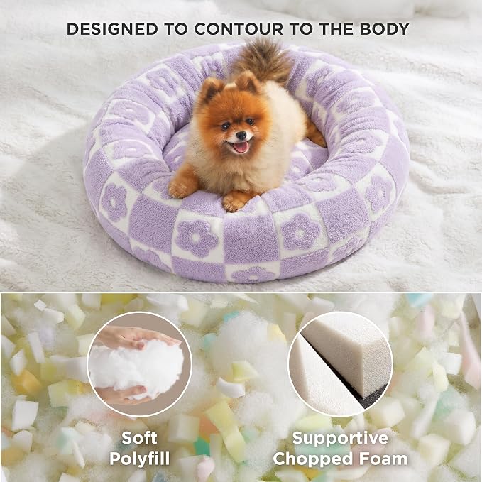 Lesure Shown on TV Donut Dog Beds Large - XL Calming Round Sofa as Present for Pets with Washable Cover, Orthopedic Home Decor Bed with Jacquard Shaggy Plush & Anti Slip Bottom, 36 Inch，Flower Checks