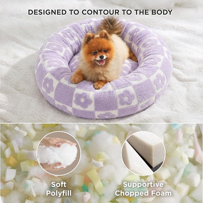 Lesure Shown on TV Donut Cat Bed for Indoor Cats - Small Round Dog Bed for Calming Pet as Gift with Washable Cover, Cute Puppy Bed with Jacquard Shaggy Plush & Anti Slip Bottom, 20 Inch, Flower Checks