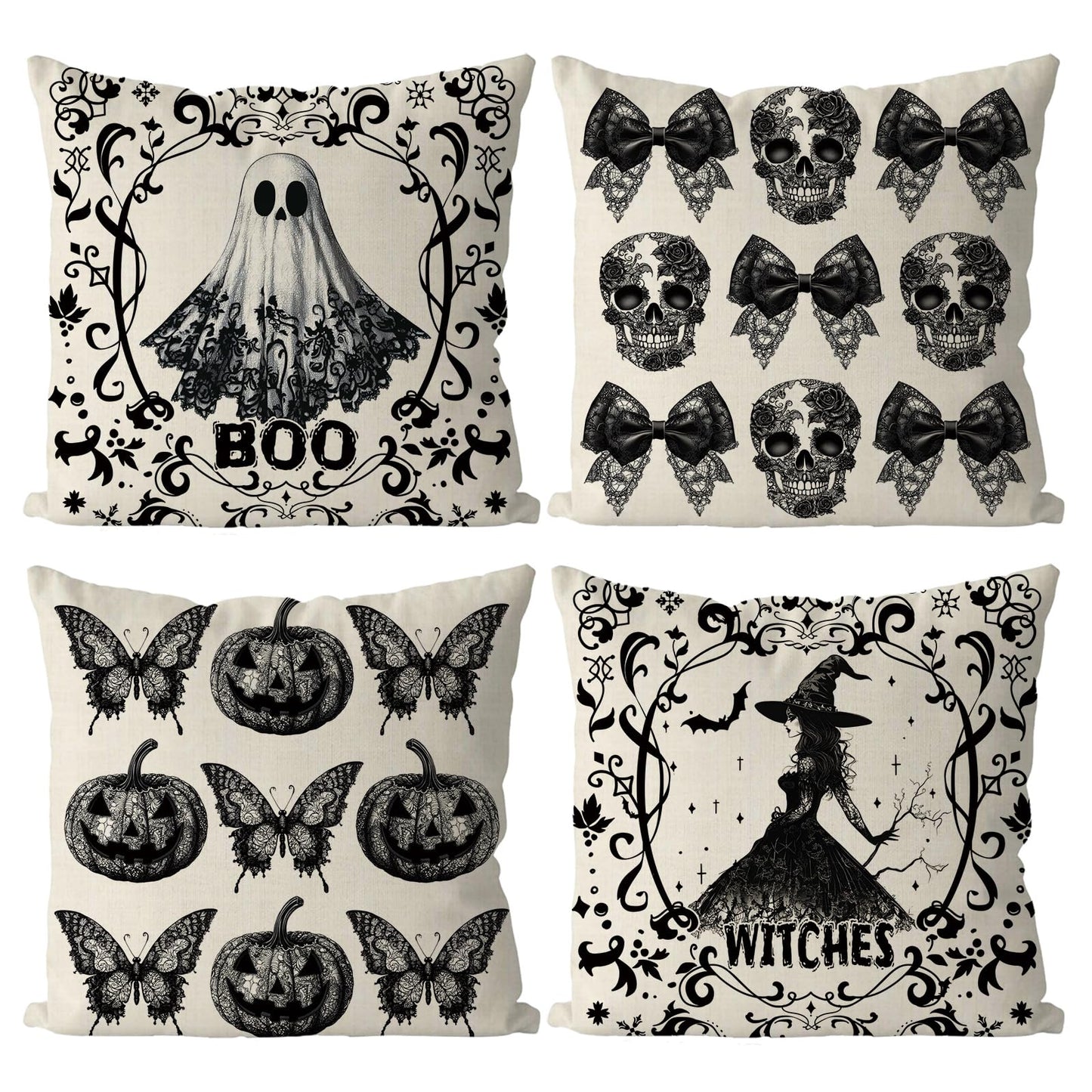 GAGEC Halloween Pillow Covers 18x18 Inch Set of 4 Ghost Witches Gothic Throw Pillow Covers Pumpkin Butterfly Spooky Farmhouse Pillowcase Couch Cushion Case for Home Sofa Living Room Decor