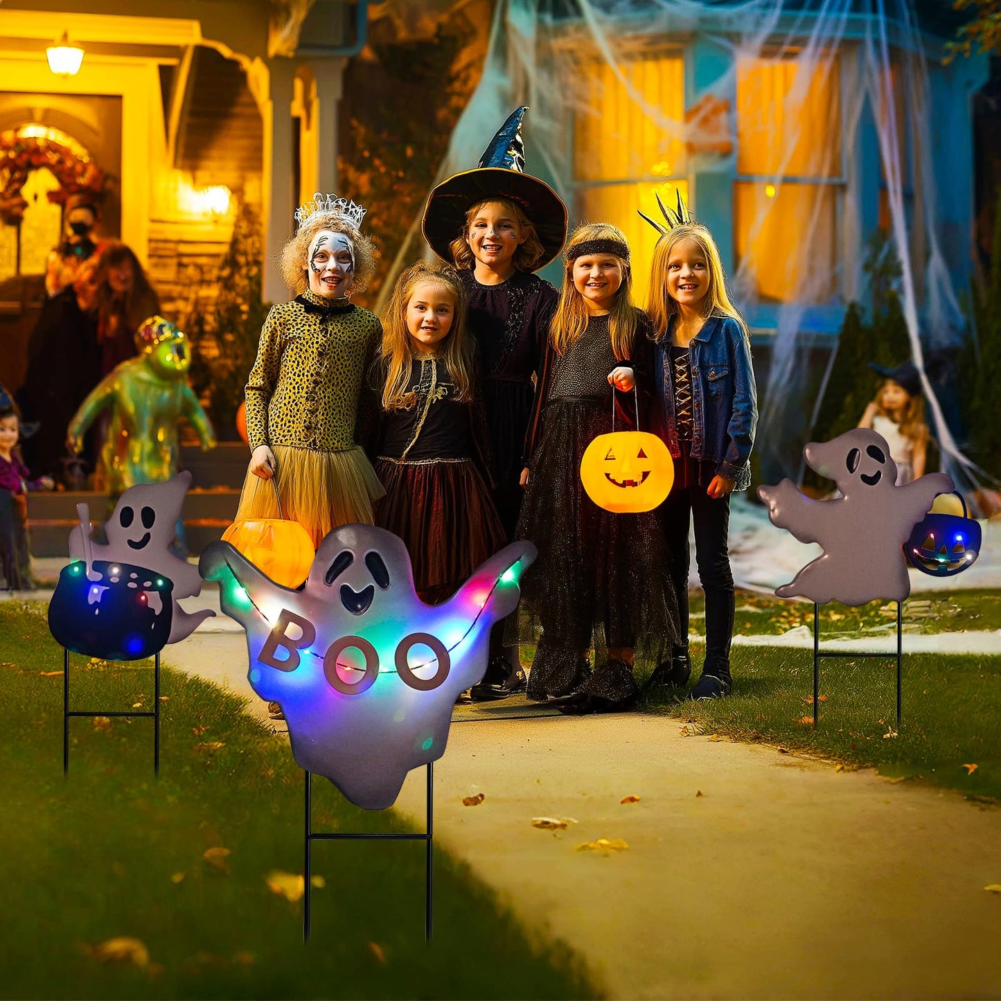 HONGLAND Solar Powered Halloween Yard Stakes, 3 Pack 24" Metal Outdoor Decor with Ghost, Pumpkin and Cauldron for Garden, Lawn, Patio
