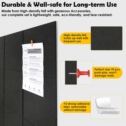 MAPVOLUT 2 Pcs Felt Boards - 24"x12" Reusable Cork Board Alternative for Wall with 30 Pins, 10 No-Trace Adhesive & Guide - Perfect for Office, Classroom, Home Decor, Bulletin Board, and Dartboard