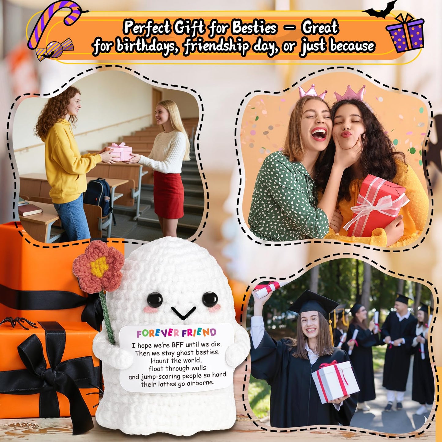 Frabaca Best Friend for Women Friendship Ornaments - Handmade Crochet Ghost Decor with Funny Boo BFF Message Card, Halloween Stocking Stuffers, Cute Birthday Gift for Bestie Soul Sister