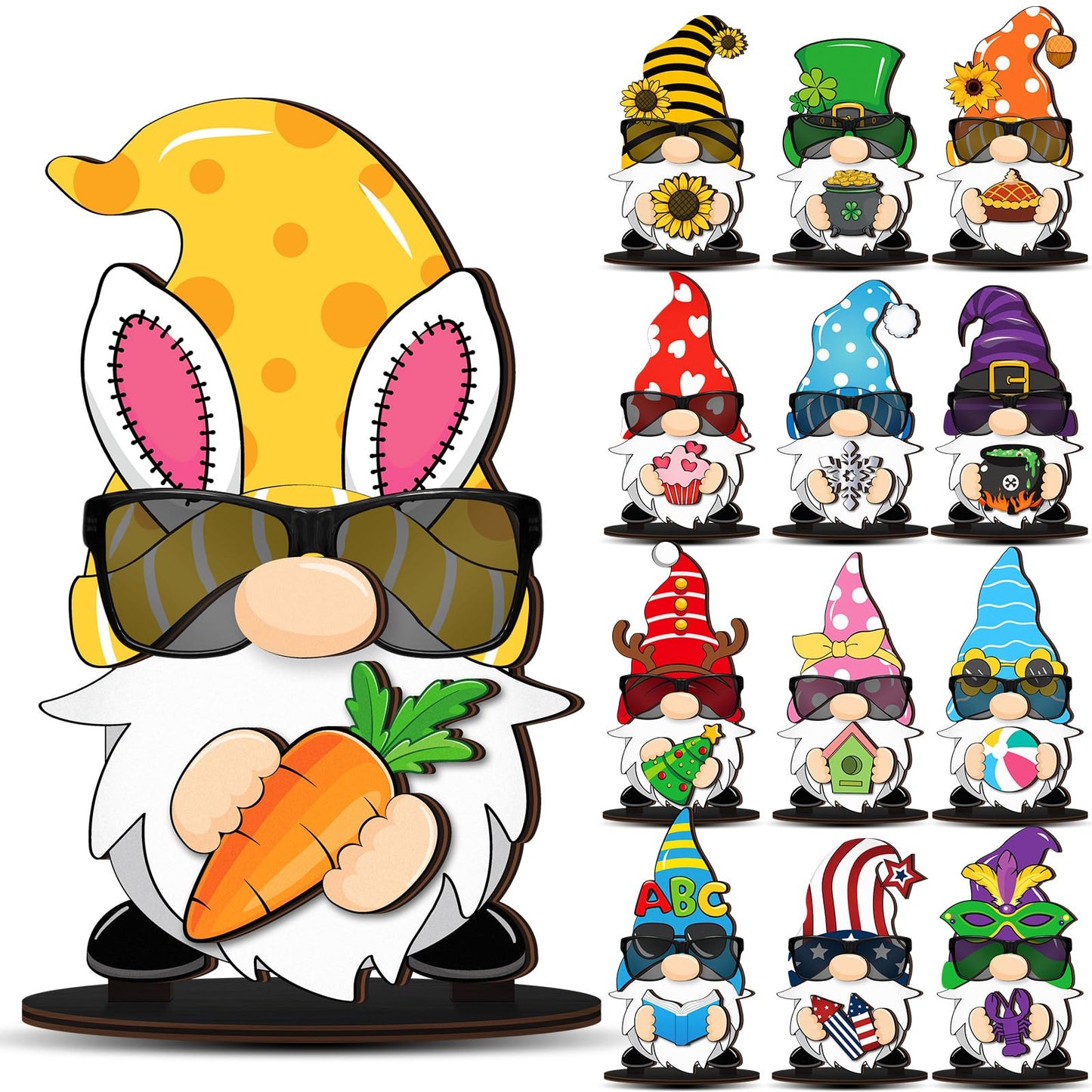 Tellegloww 27 Pcs Interchangeable Wooden Gnome Decor Spring Gnome Welcome Sign DIY Holiday Seasonal Eyeglass Holder Stand Tiered Tray Decorations for Table Home Decorations