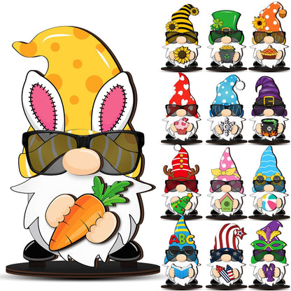 Tellegloww 27 Pcs Interchangeable Wooden Gnome Decor Spring Gnome Welcome Sign DIY Holiday Seasonal Eyeglass Holder Stand Tiered Tray Decorations for Table Home Decorations