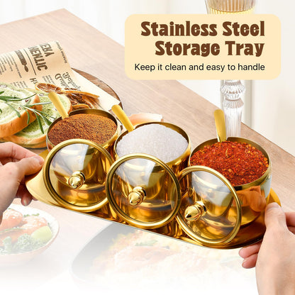 Akamino Set of 3 Stainless Steel Sugar Container with Glass Lid and Spoon, Gold 10oz Seasoning Jar Condiment Pots with Serving Tray, Kitchen Canisters Set for Pepper, Salt, Spice, Candy