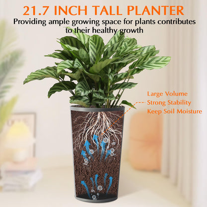 GDFStudio 21.7" Tall Planters Set of 2, Large Planter Pots with Drainage Holes, UV and Crack Resistant, Modern Matte Finish for Indoor Outdoor Balcony Patio Garden, Grey