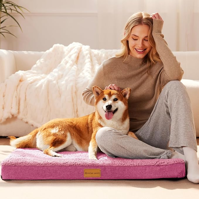 Patas Lague Orthopedic XL Dog Bed Large Sized Dog 48''X30'', Soft Waterproof Egg Crate Foam Large Pet Crate Beds Mat with Removable Washable Cover and Non-Slip Bottom, Pink
